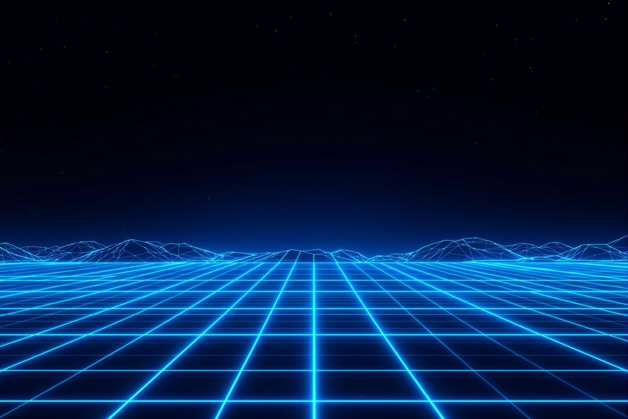 精东影视背景 - 霓虹像素网格构成的数字电影世界